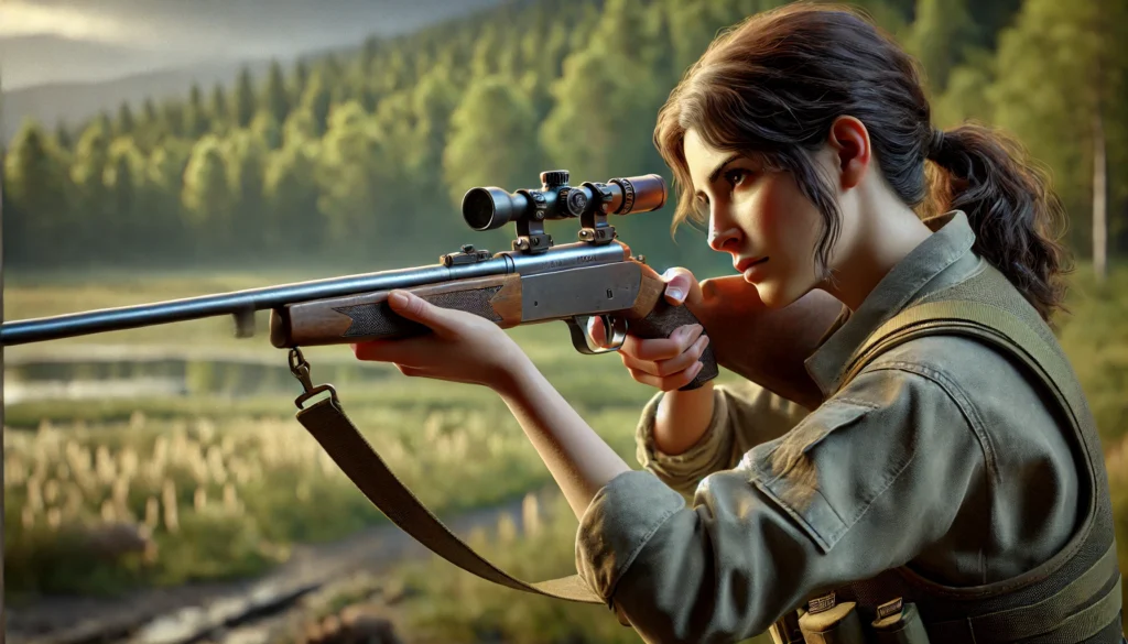 woman aiming a PCP air rifle in an outdoor environment. The woman has a focused expression dressed in practical outdoor clothi